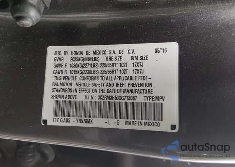 2016 Honda Cr-V Ex from USA, damaged, VIN 3CZRM3H50GG713087